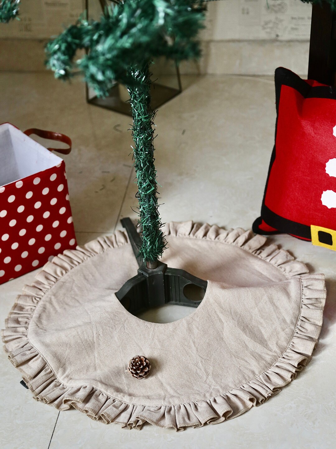 

My Gift Booth Beige Colored Solid Linen Frill Christmas Tree Skirt Decor