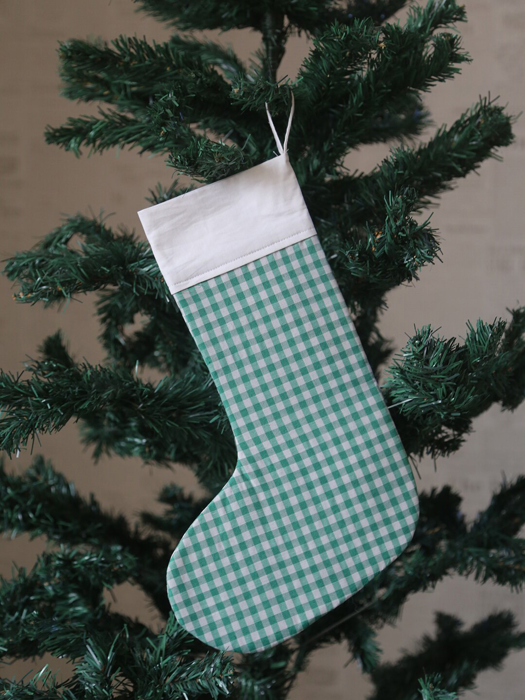

My Gift Booth Kids Green & White Checks Cotton Stockings Christmas Tree Ornament