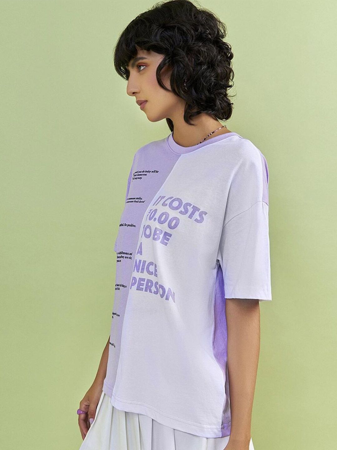 

Bewakoof Women Purple & White Typography Printed Drop-Shoulder Sleeves Pure Cotton Loose T-shirt