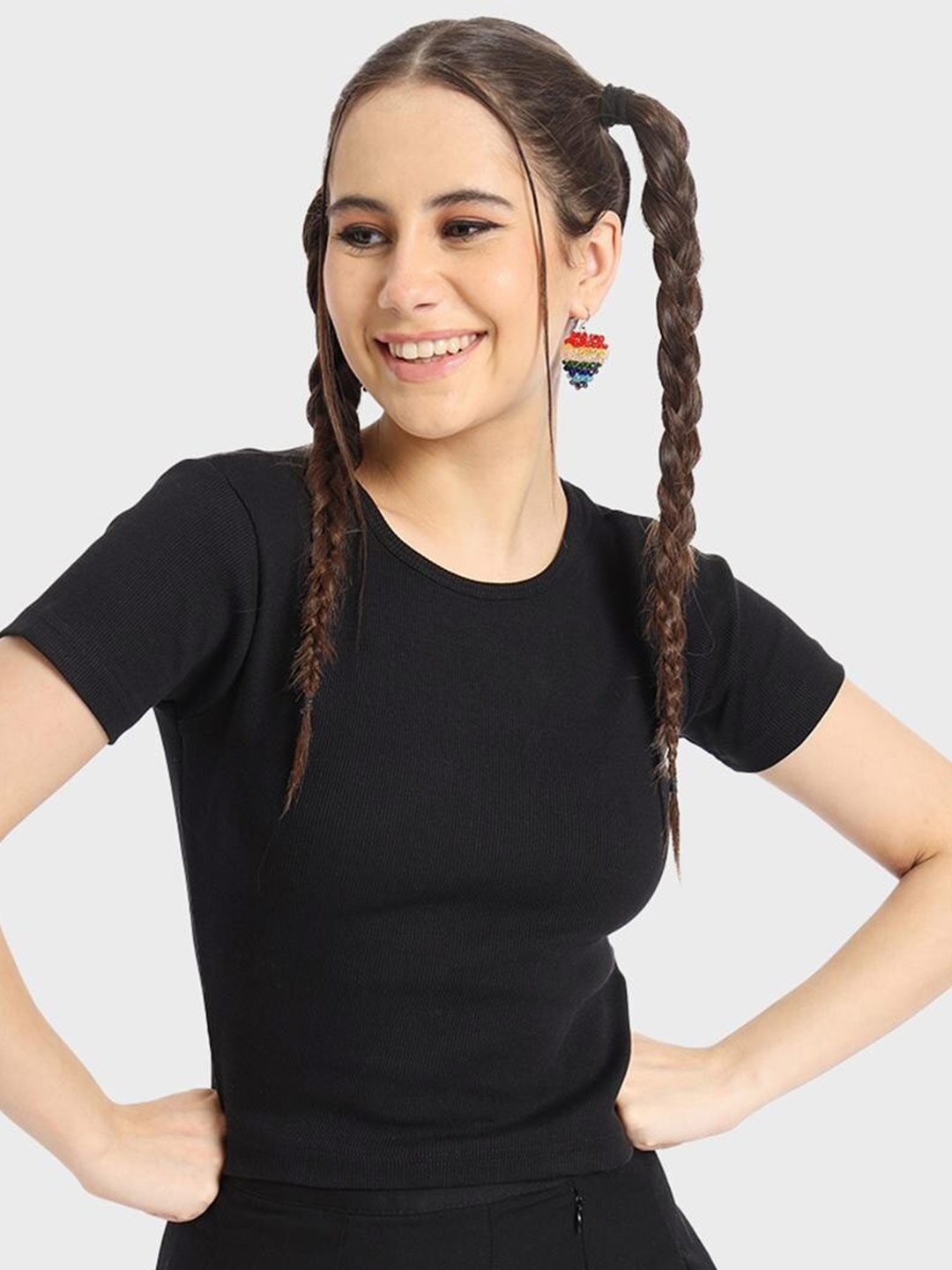 

Bewakoof Women Black Solid Pure Cotton Fitted Top