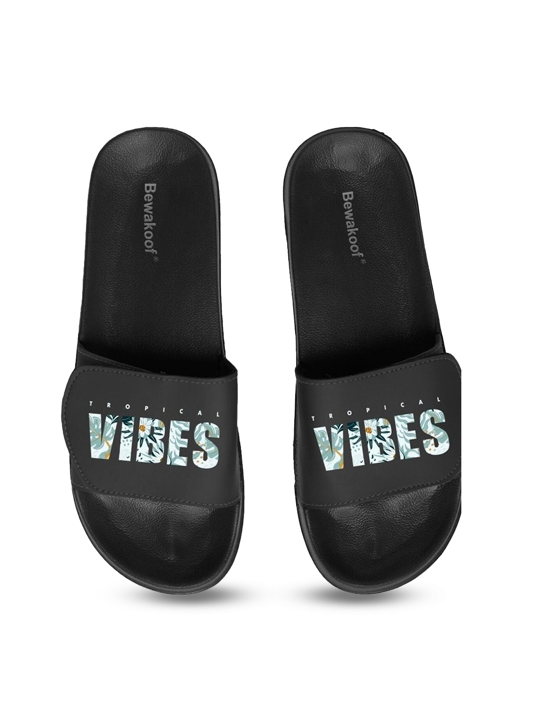 

Bewakoof Women Black & White Printed Rubber Sliders