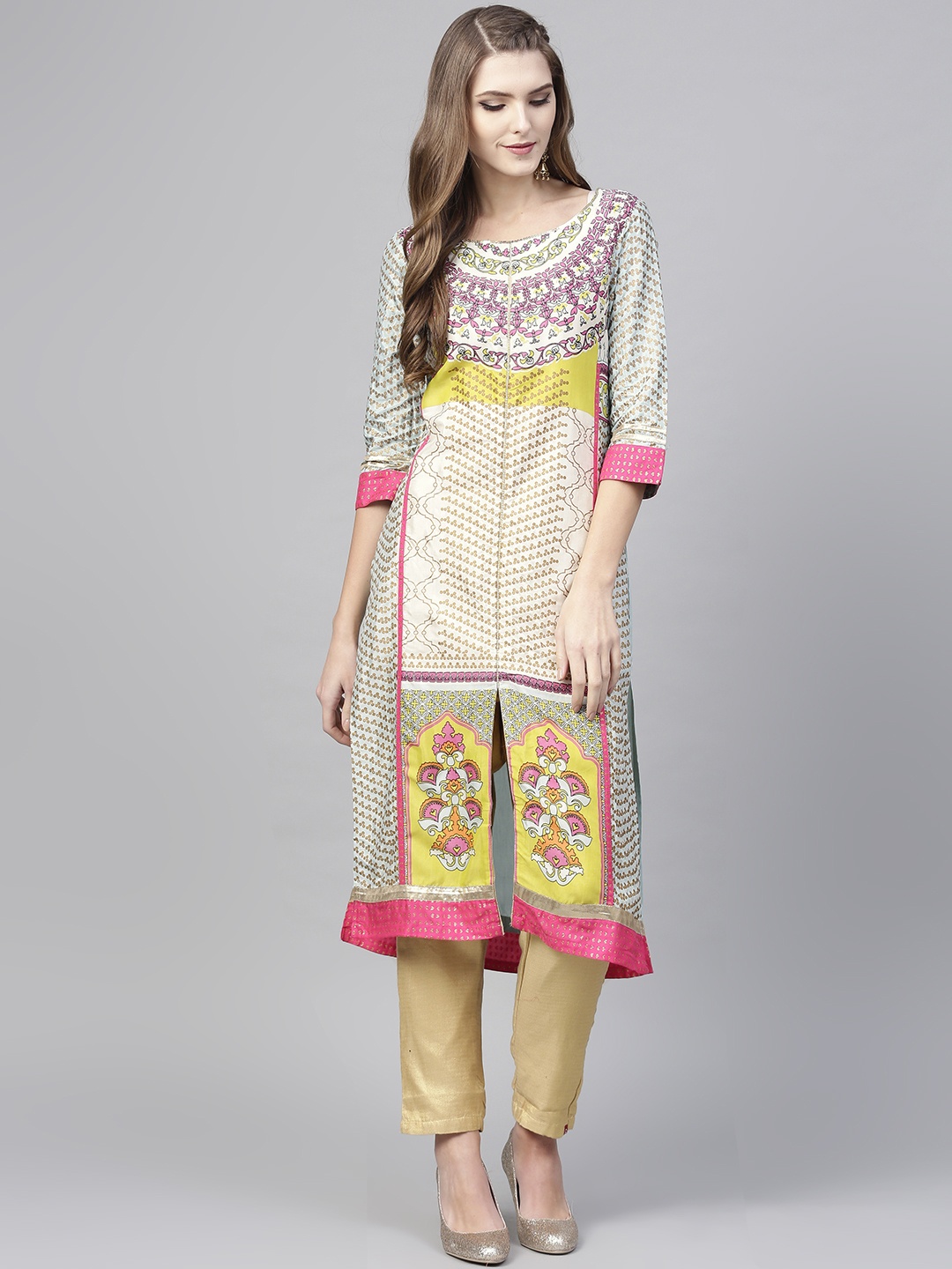

W Women Blue & Off-White Printed Straight Kurta