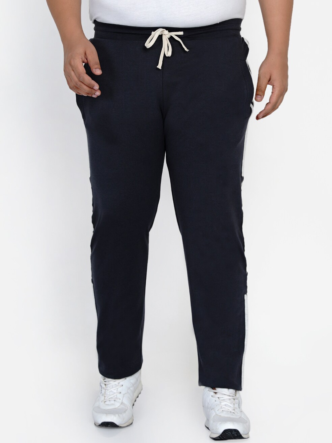 

John Pride Men Plus Size Navy Blue Solid Cotton Straight-Fit Track Pants