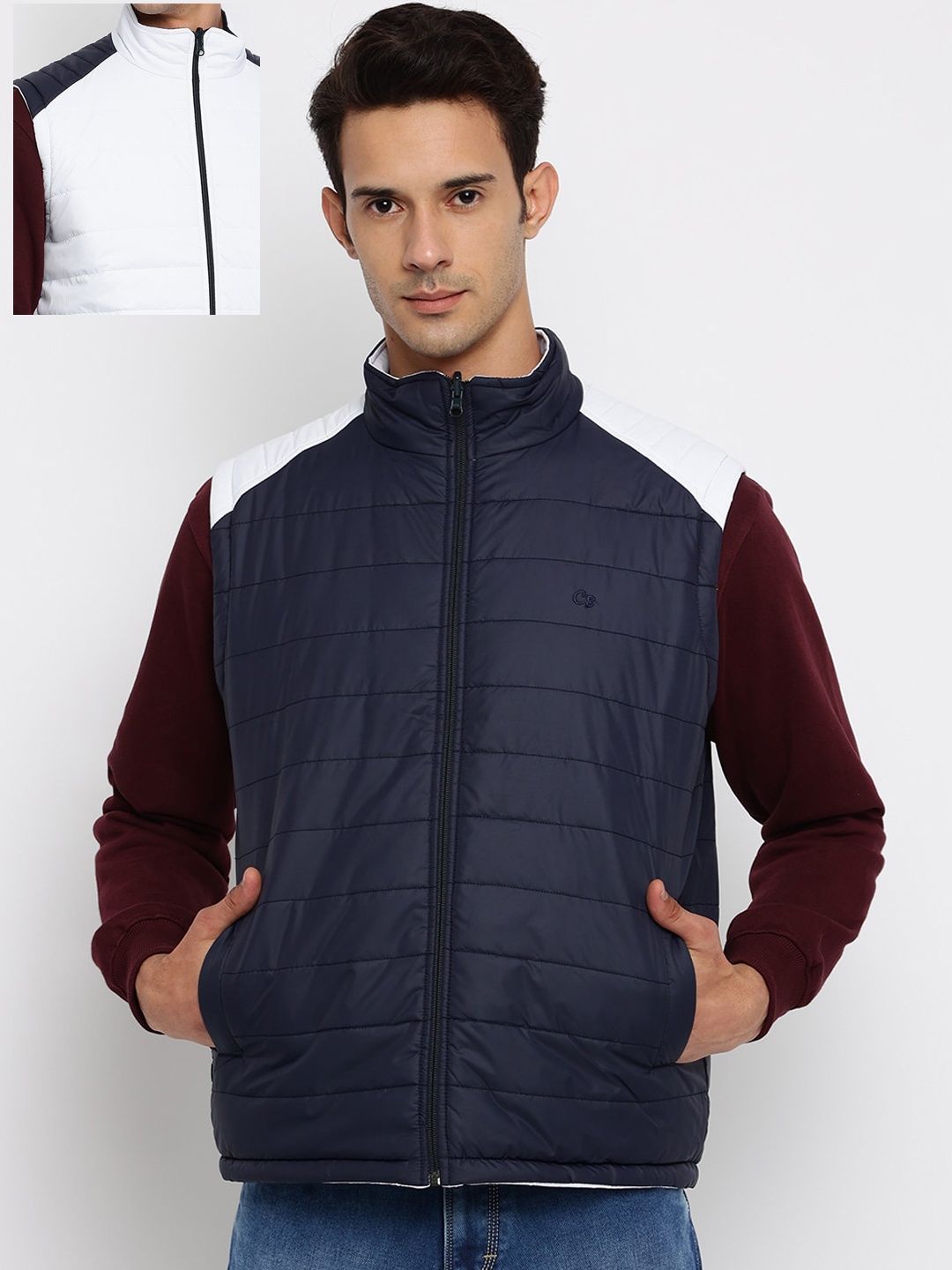 

Cantabil Men White Blue Colourblocked Padded Jacket
