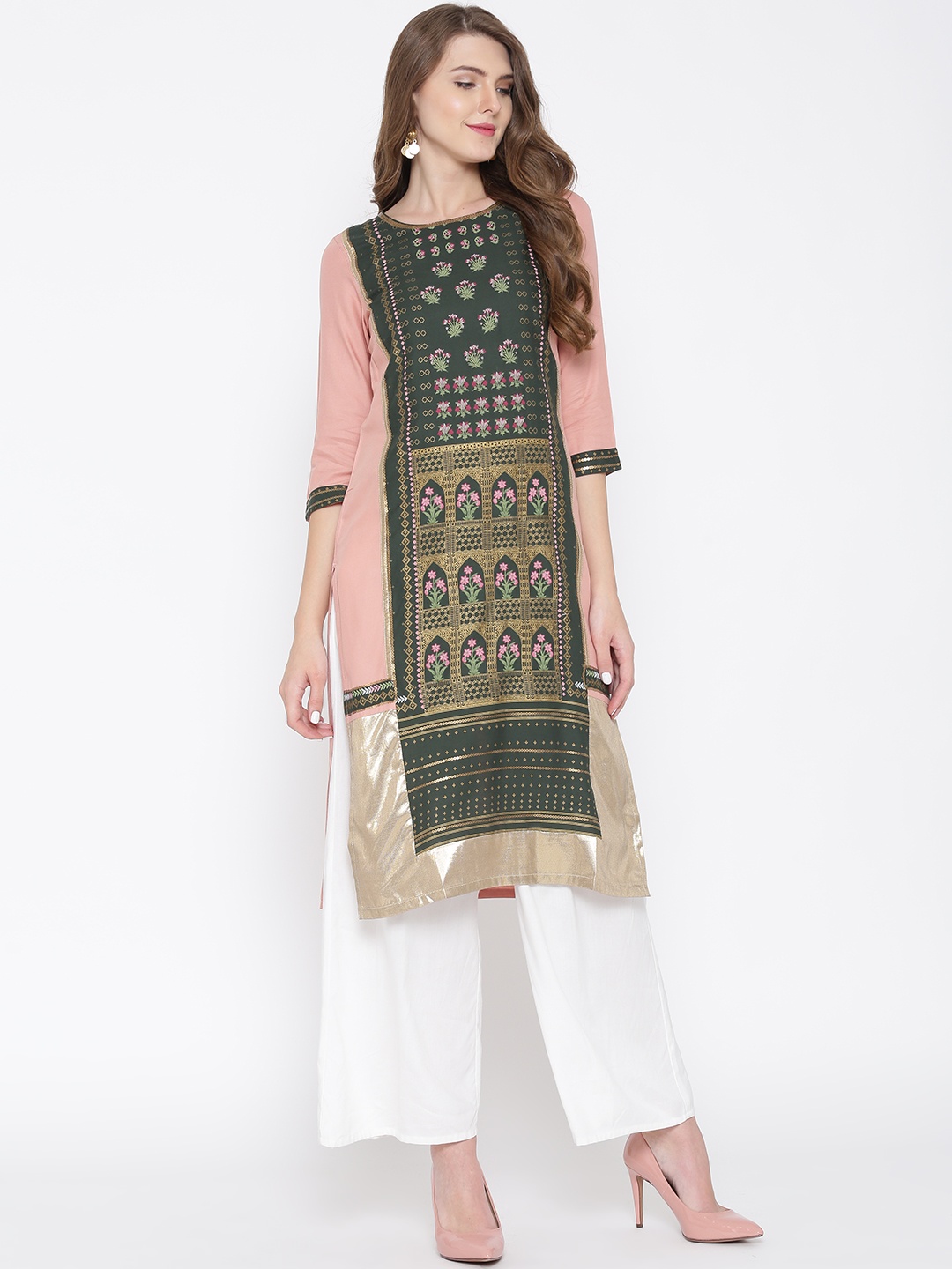 

W Women Dusty Pink & Green Printed Straight Kurta