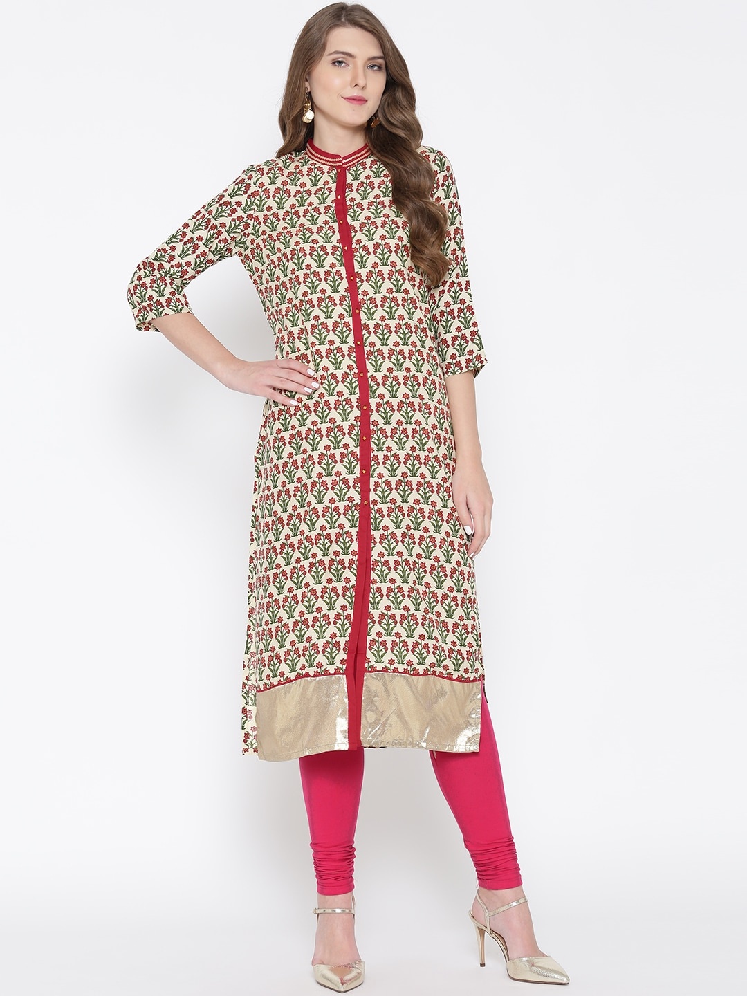 

W Women Cream-Coloured & Red Printed Straight Sustainable Kurta, Na