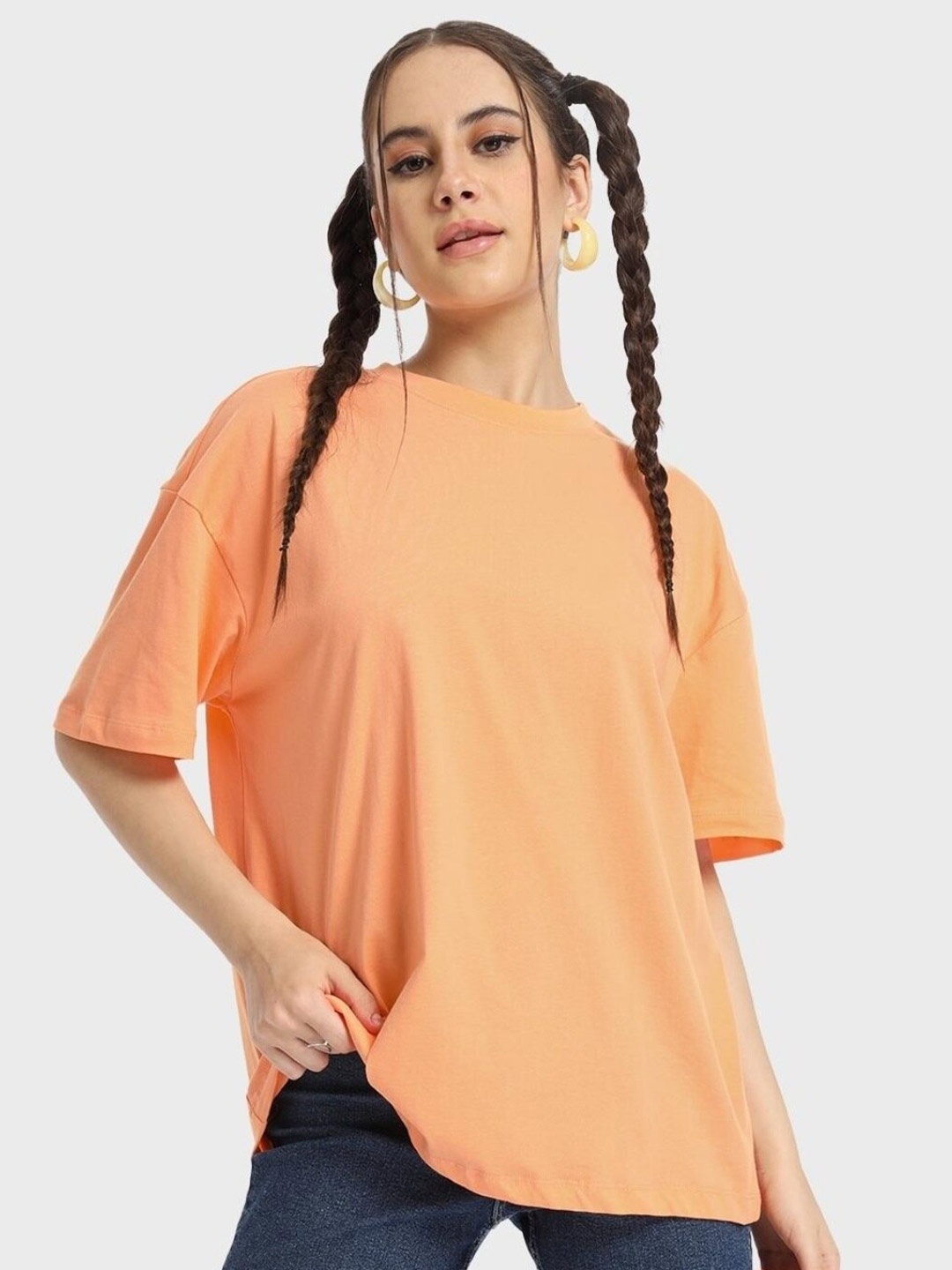 

Bewakoof Women Orange Solid Drop-Shoulder Sleeves Pure Cotton Loose T-shirt