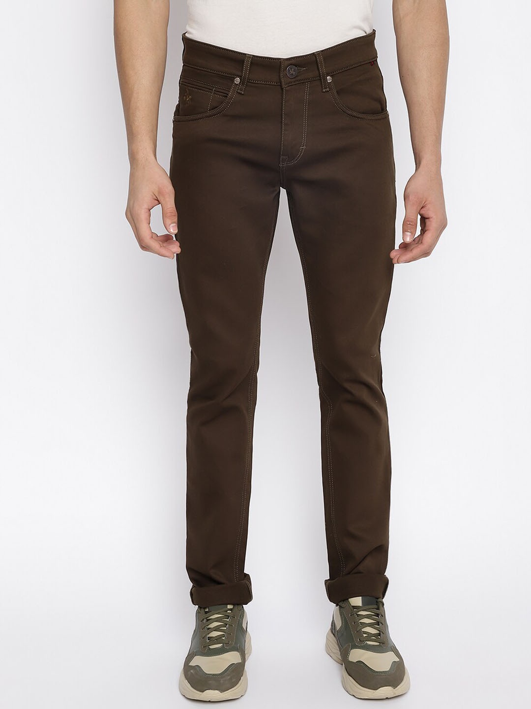

Cantabil Men Olive Green Solid Cotton Regular Fit Jeans