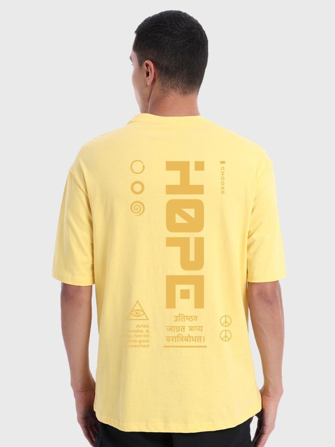 

Bewakoof Men Yellow Typography Printed Drop-Shoulder Sleeves Loose Cotton T-shirt
