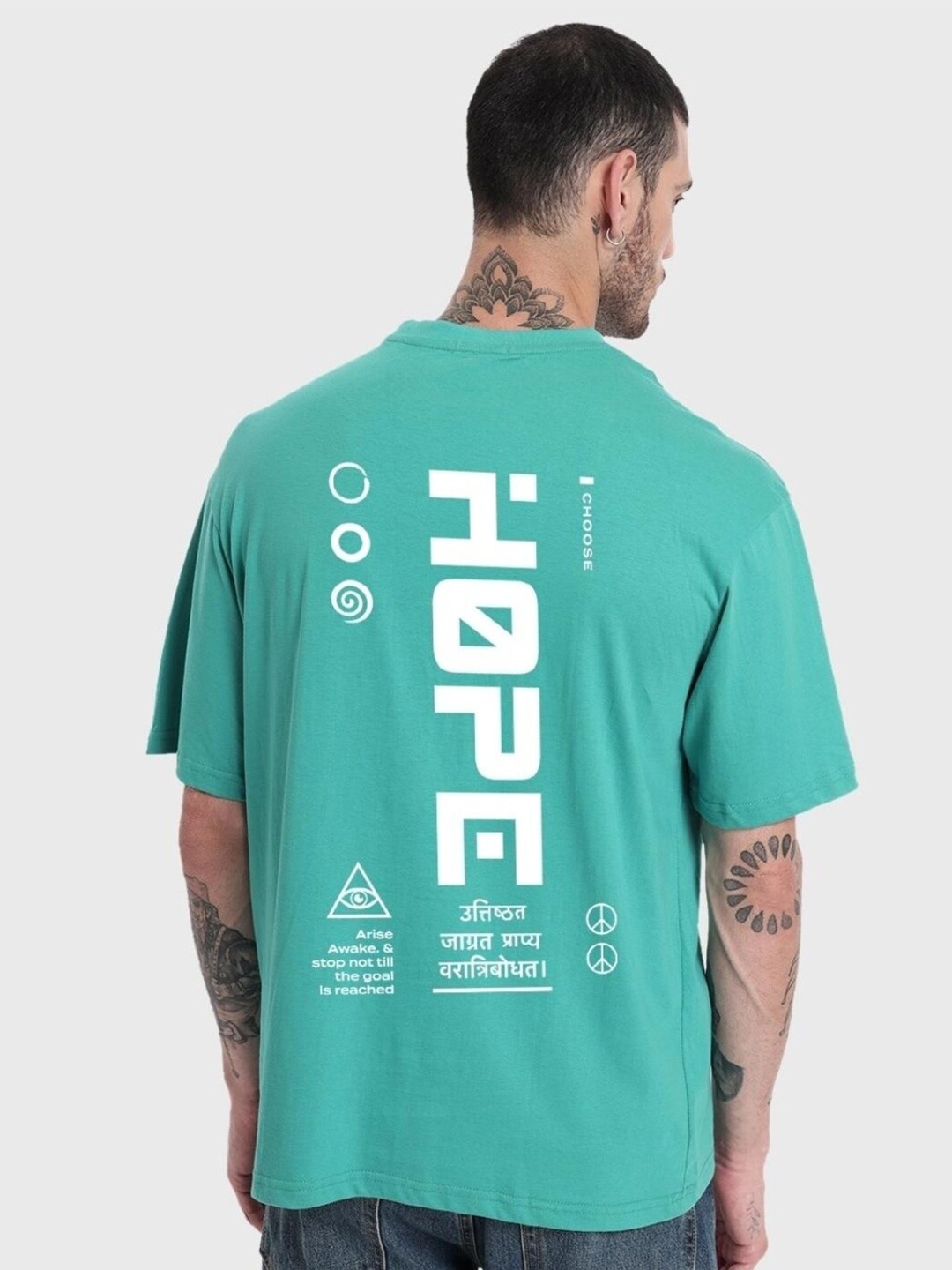 

Bewakoof Men Teal Typography Printed Drop-Shoulder Sleeves Loose Cotton T-shirt