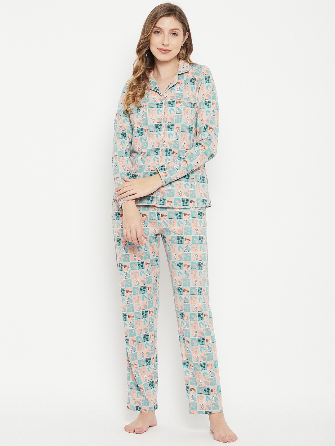 

MADAME M SECRET Women Peach-Coloured & Green Printed Night suit