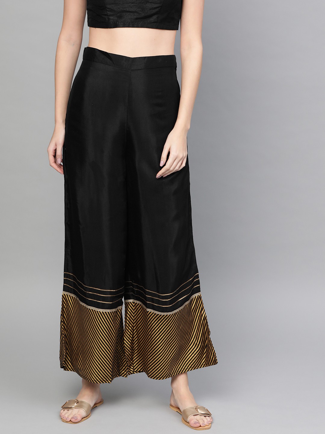 

W Women Black & Golden Hem Design Wide Leg Palazzos