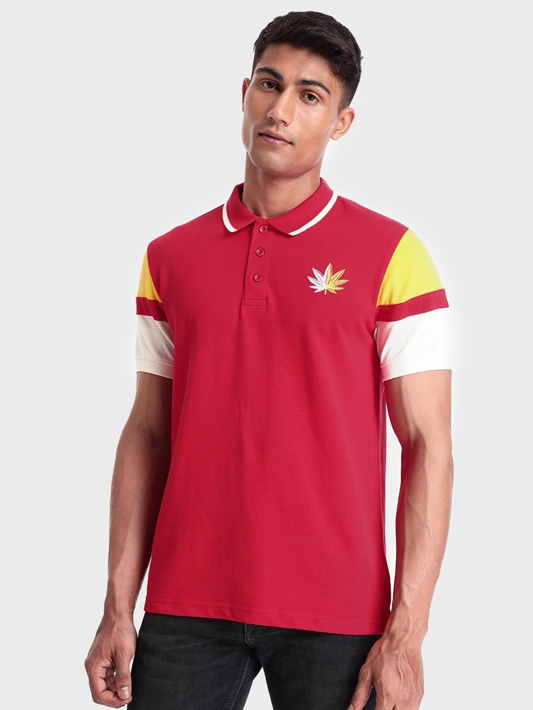 

Bewakoof Plus Men Red & Yellow Colourblocked Polo Collar Cotton T-shirt
