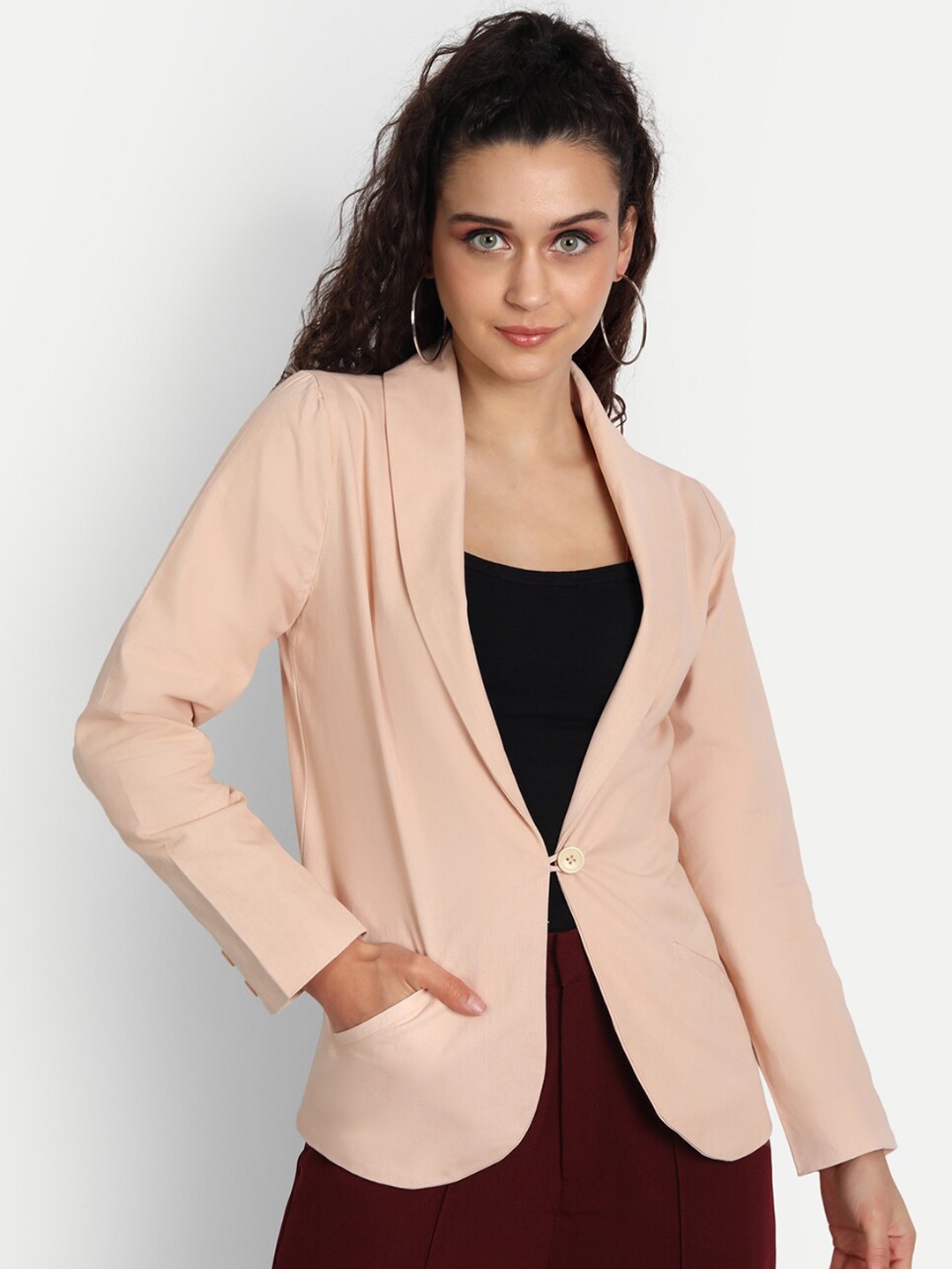 

ESSQUE Women Peach Solid Single Breasted Casual Blazer