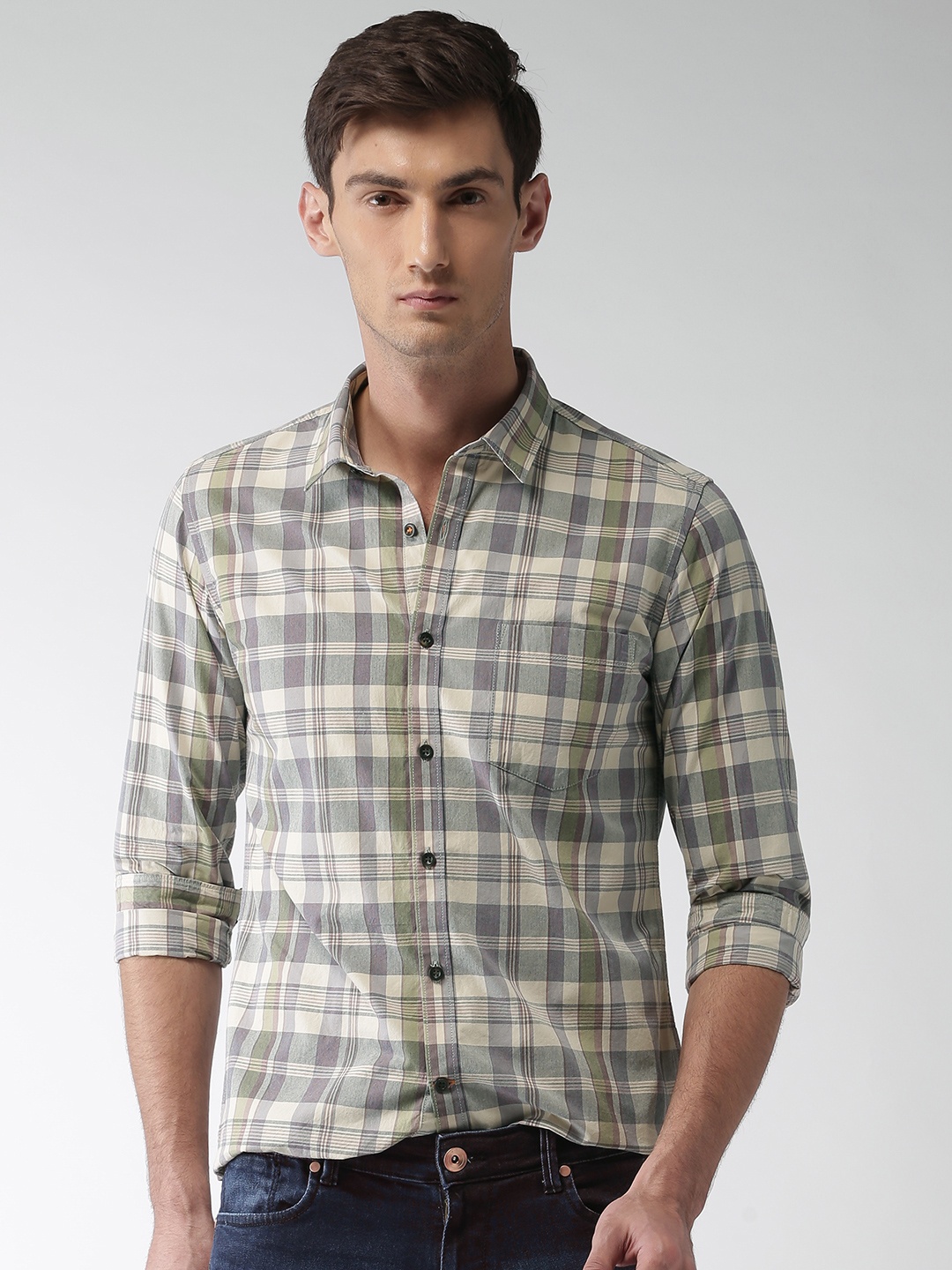 

Mast & Harbour Men Beige & Grey Slim Fit Checked Casual Shirt