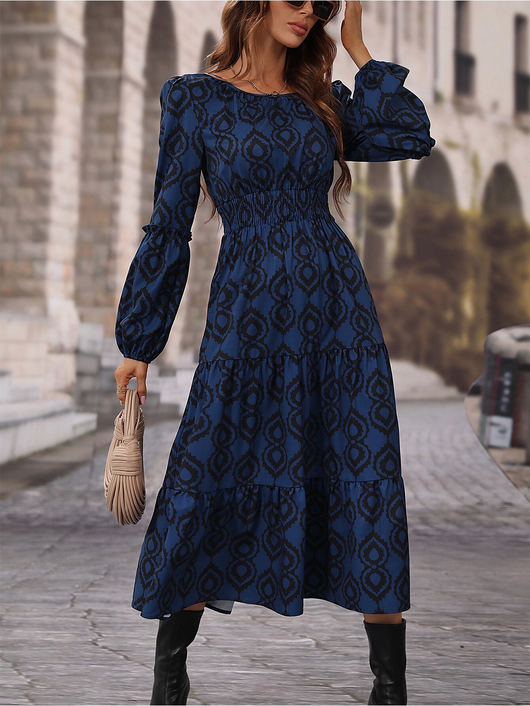 

BoStreet Women Navy Blue Ethnic Motifs Midi Dress