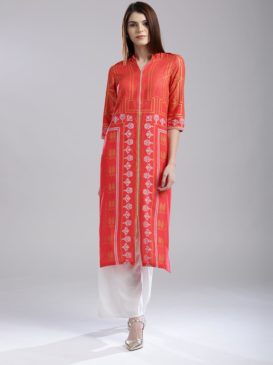 

W Women Coral Pink Printed Straight Kurta
