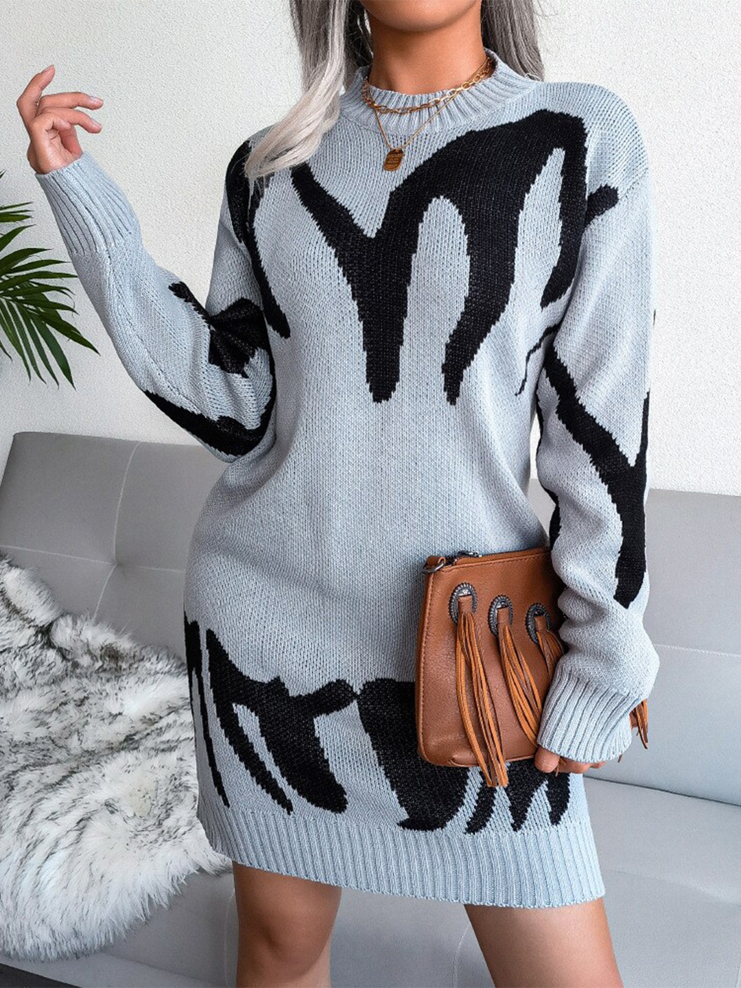 

BoStreet Women Grey Self Design Acrylic Sweater Dress