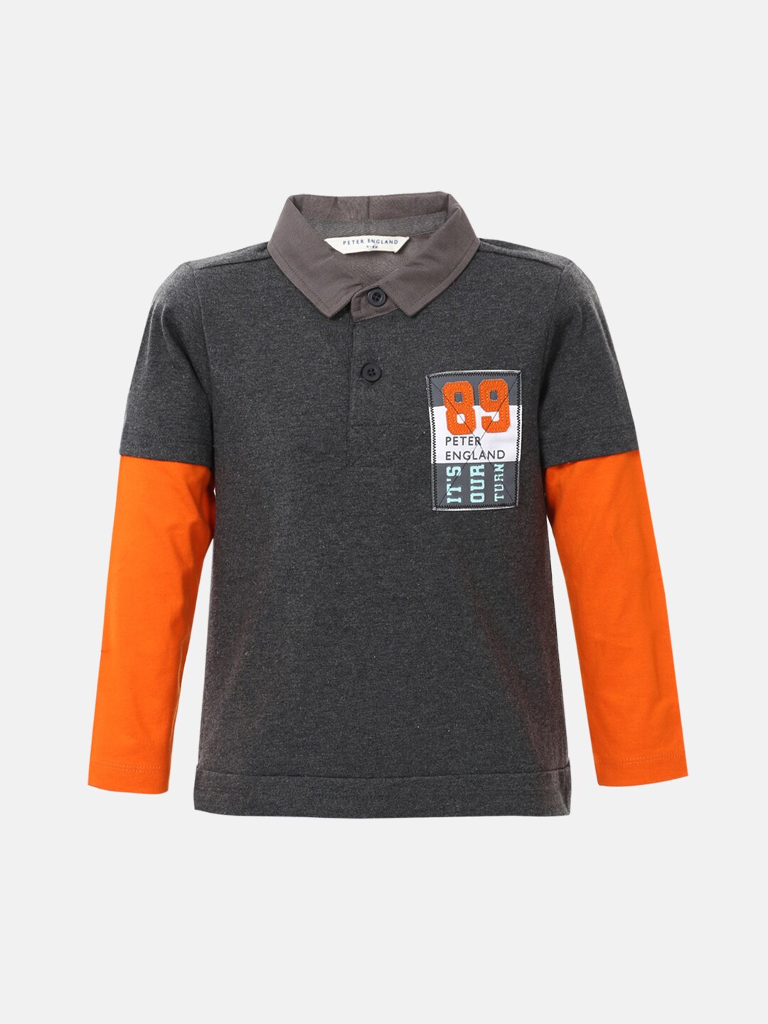 

Peter England Boys Grey & Orange Colourblocked Polo Collar Layered Sleeves Cotton T-shirt