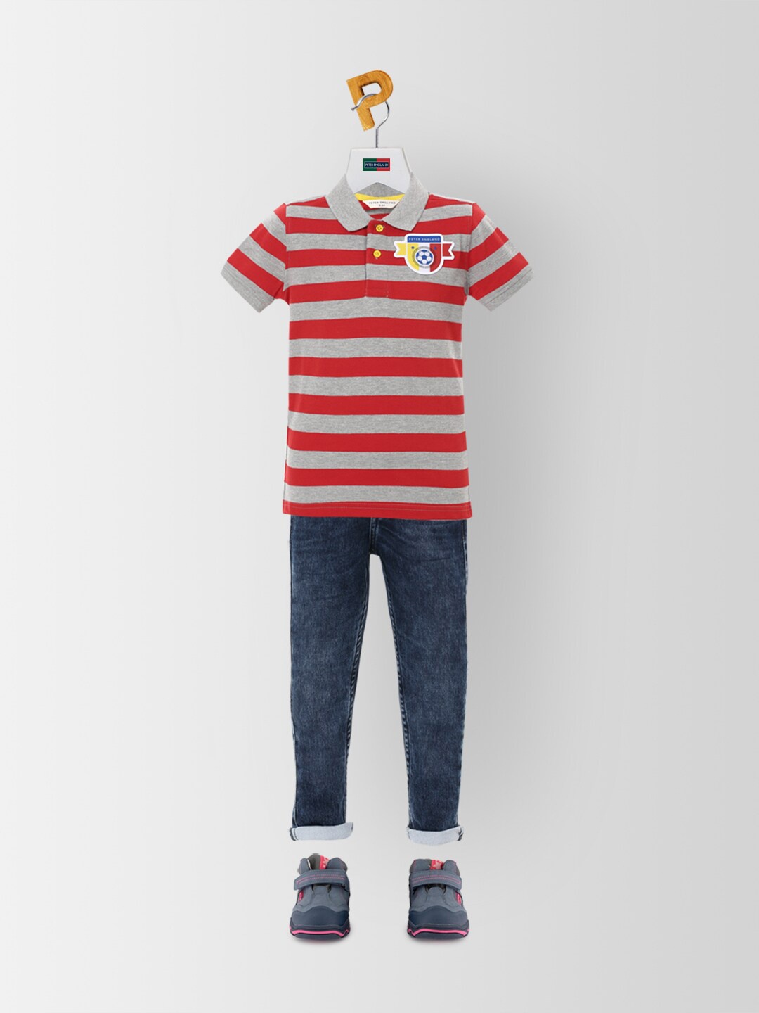 

Peter England Boys Red & Grey Printed Polo Collar Applique Cotton T-shirt