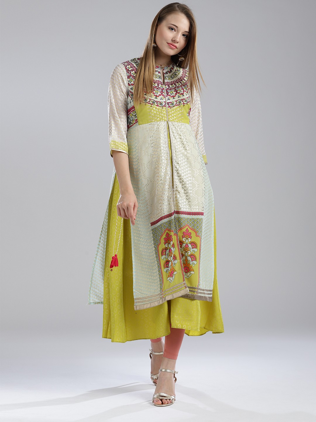 

W Women Off-White & Green Printed A-Line Kurta