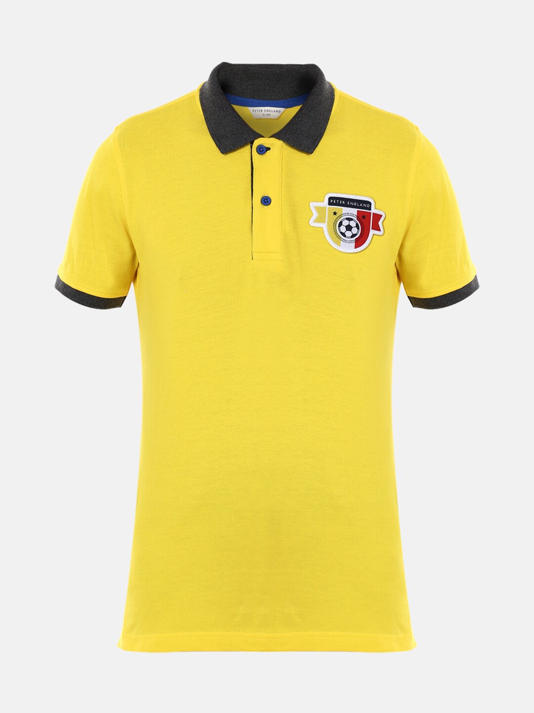 

Peter England Boys Yellow Solid Polo Collar Applique Cotton T-shirt