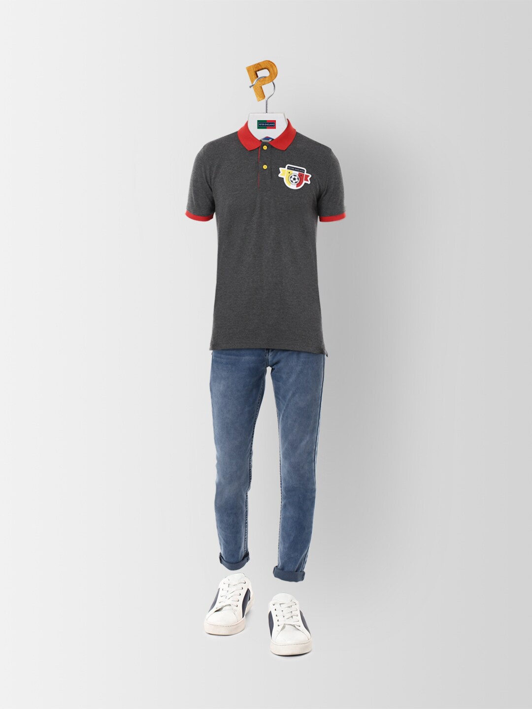 

Peter England Boys Grey Solid Polo Collar Applique Cotton T-shirt