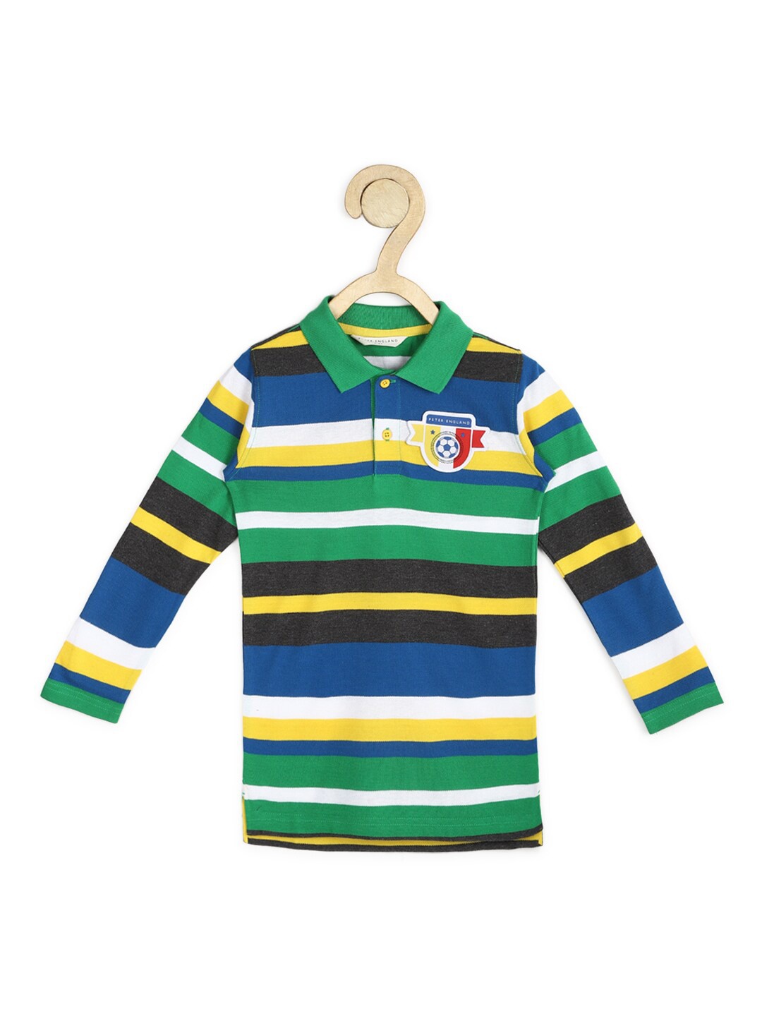 

Peter England Boys Green & Black Printed Polo Collar Applique Cotton T-shirt