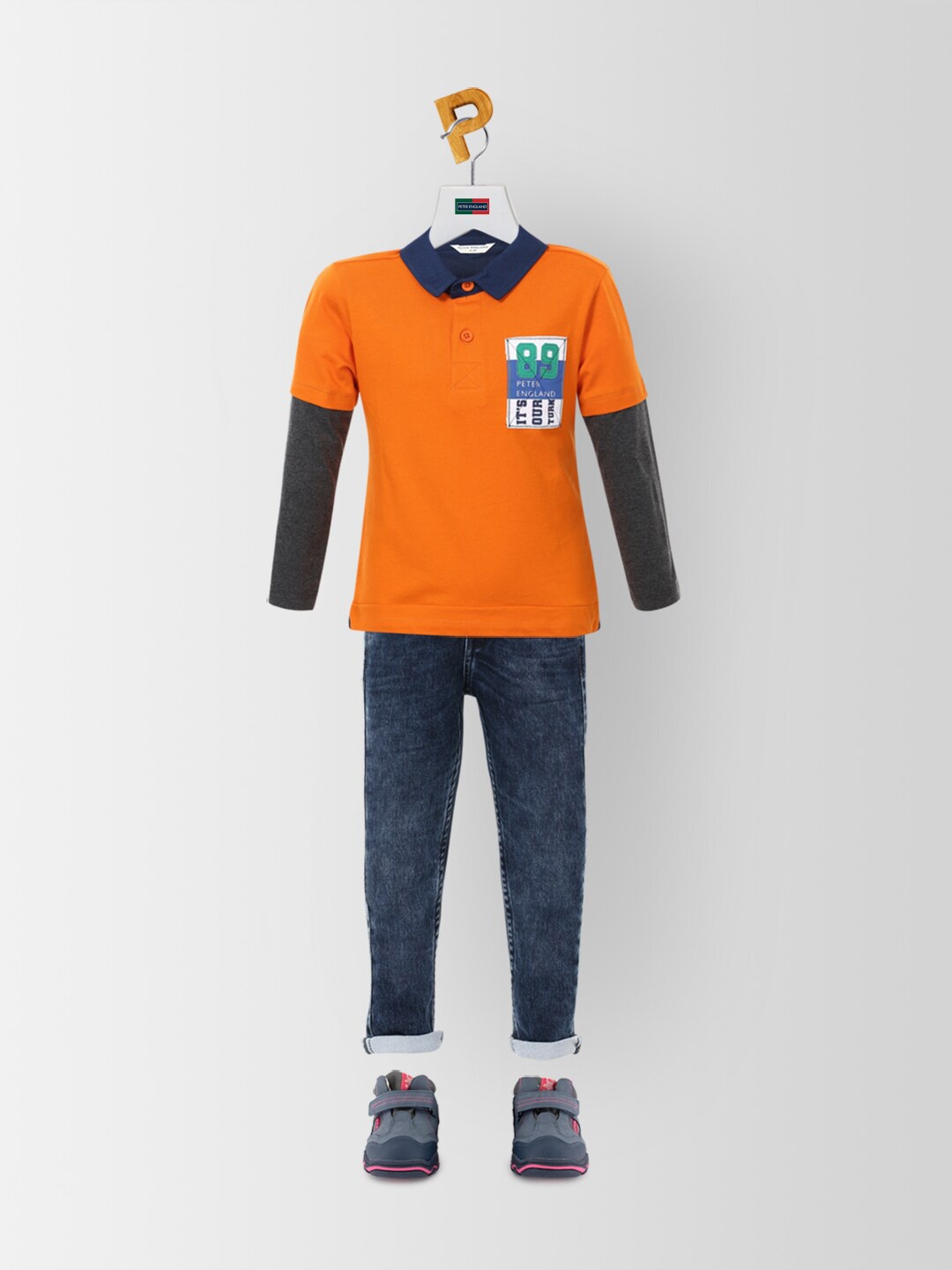 

Peter England Boys Orange & Grey Colourblocked Polo Collar Layered Sleeves Cotton T-shirt