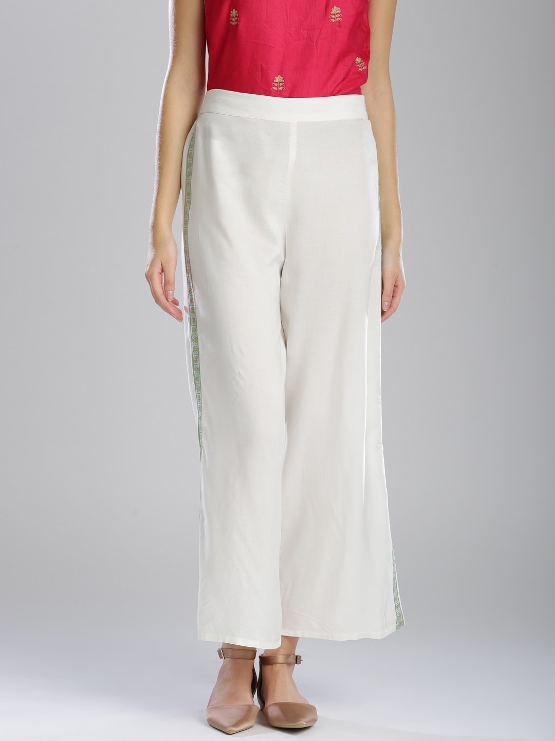 

W Women Off-White Flared Solid Sustainable Palazzos