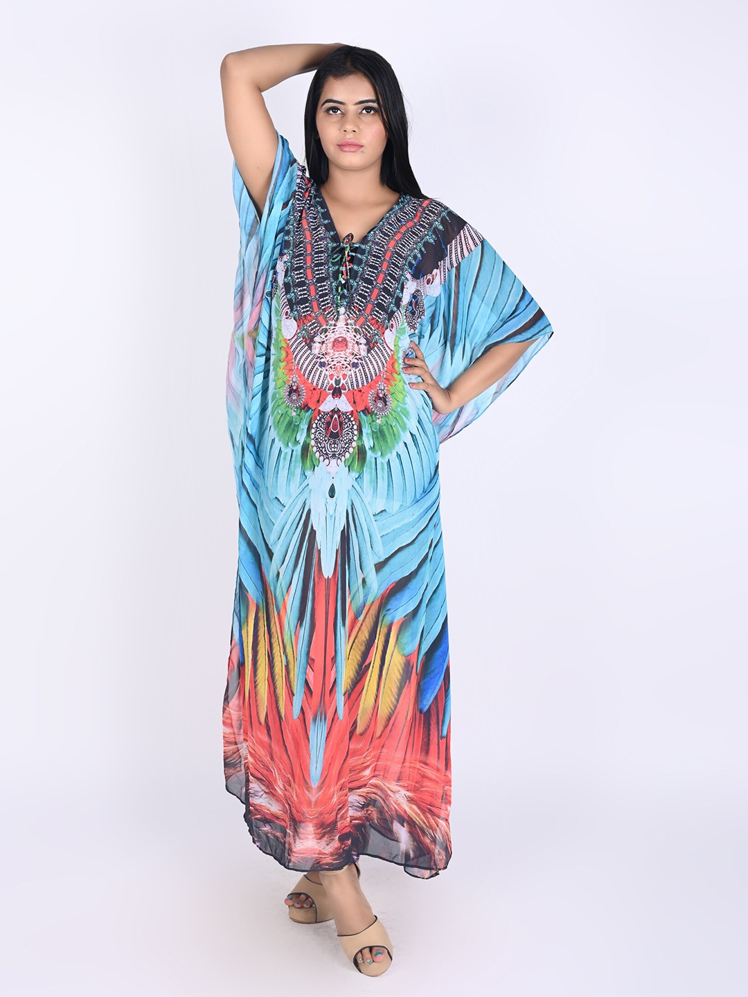 

Rajoria Instyle Blue Tie-Up Neck Georgette Ethnic Kaftan Maxi Dress