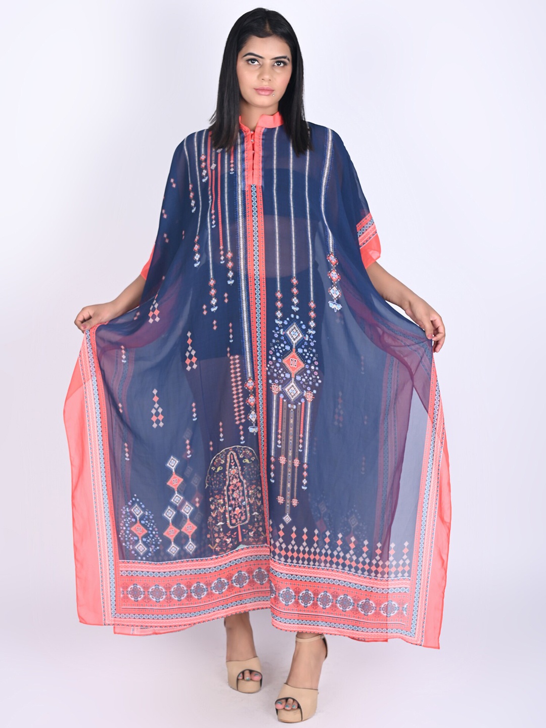 

Rajoria Instyle Navy-Blue Ethnic Motifs Georgette Kaftan Midi Dress