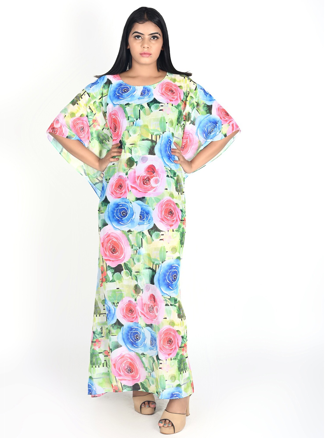 

Rajoria Instyle Green & Pink Floral Printed Georgette Maxi Cover up Dress