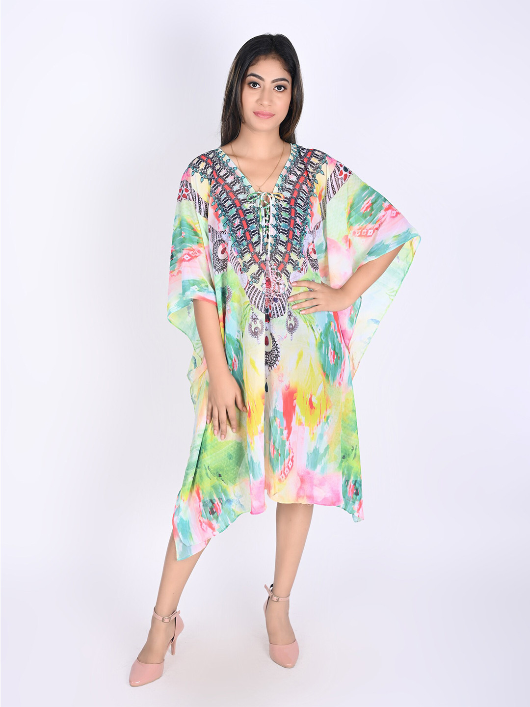 

Rajoria Instyle Green & Yellow Printed Georgette Kaftan Dress