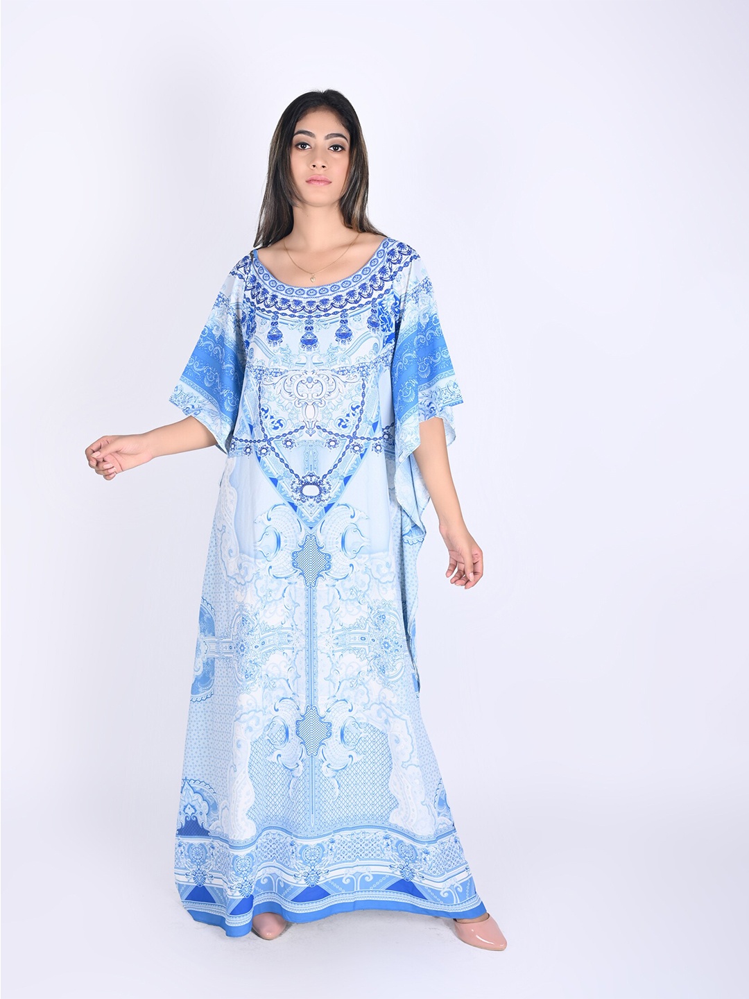Rajoria Instyle White & Blue Printed Georgette Kaftan Maxi Dress
