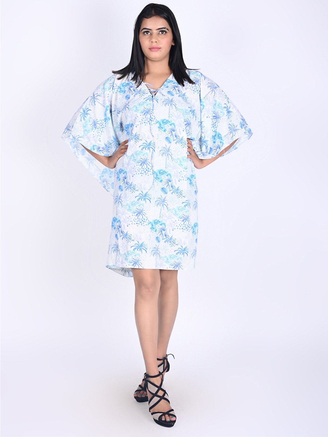 

Rajoria Instyle White & Blue Floral Printed Tie-Up Neck Georgette Cover Up Dress