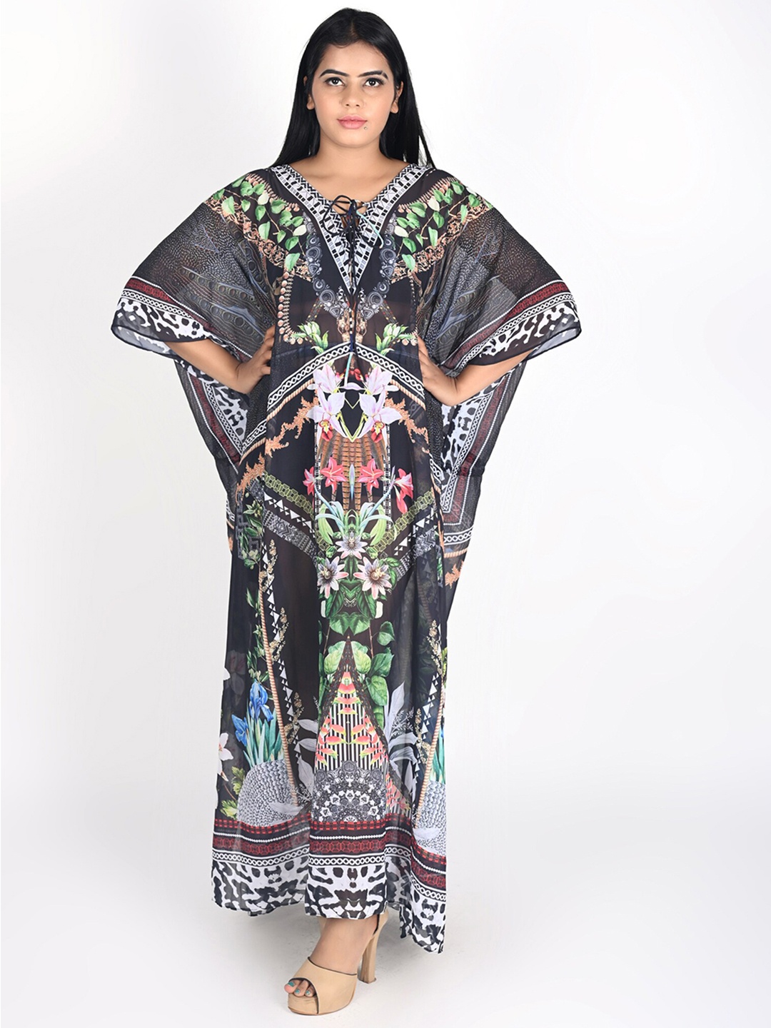 

Rajoria Instyle Ethnic Motifs Printed Georgette Maxi Cover Up Dress, Black
