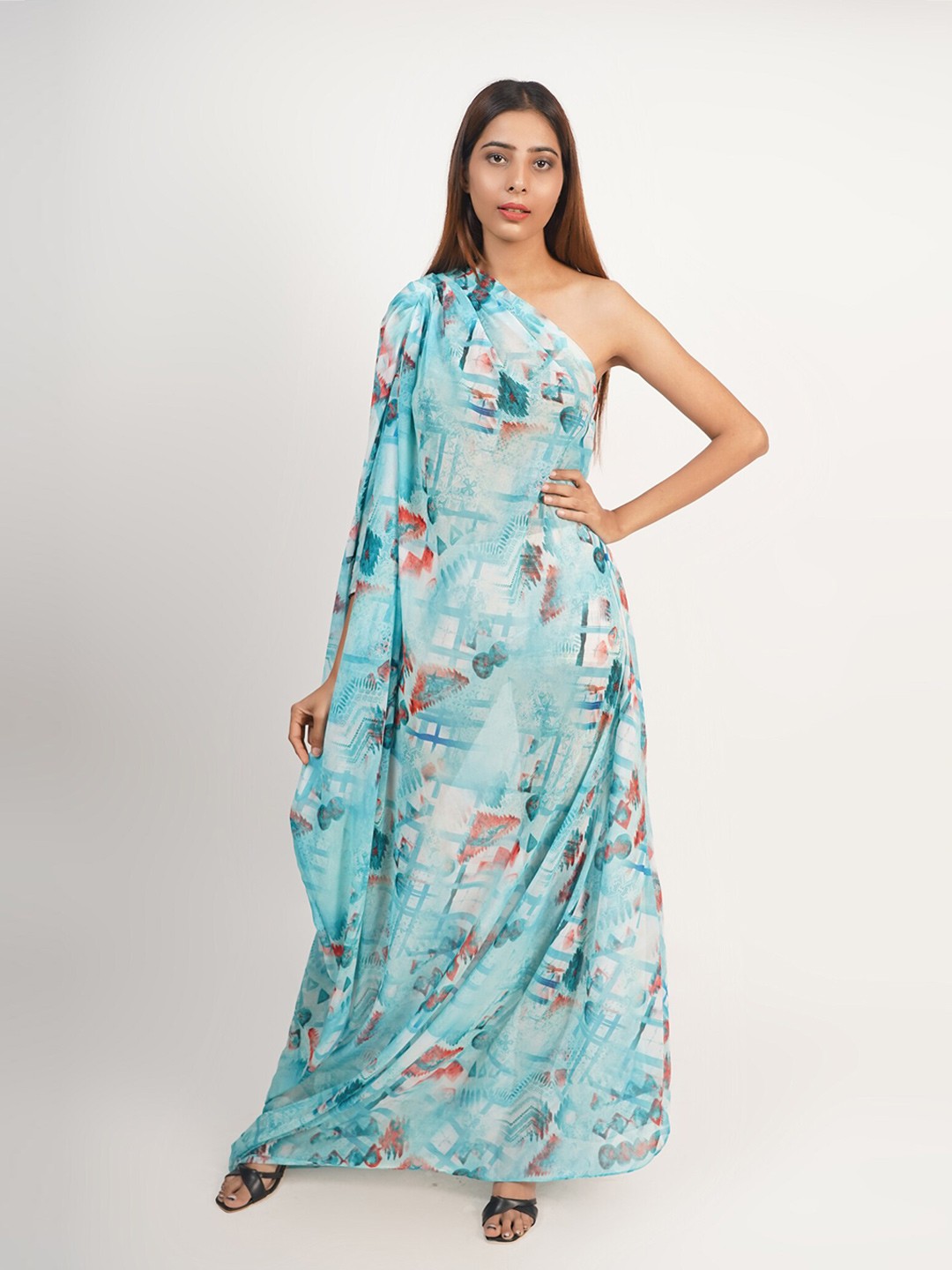 

Rajoria Instyle Blue Floral One Shoulder Georgette Maxi Dress