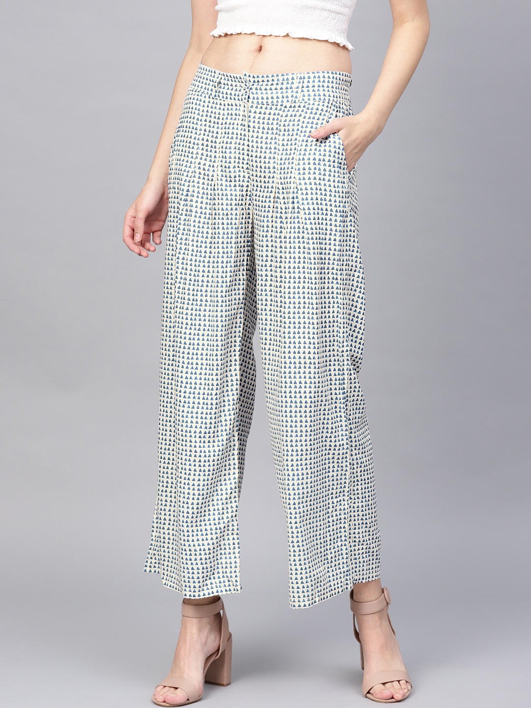 

W Women Off-White & Blue Printed Wide Leg Palazzos