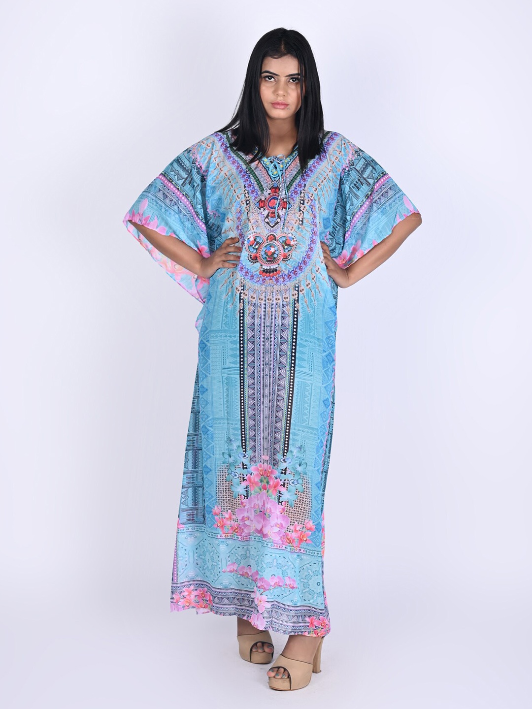 

Rajoria Instyle Blue & Black Ethnic Motifs Georgette Kaftan Maxi Dress