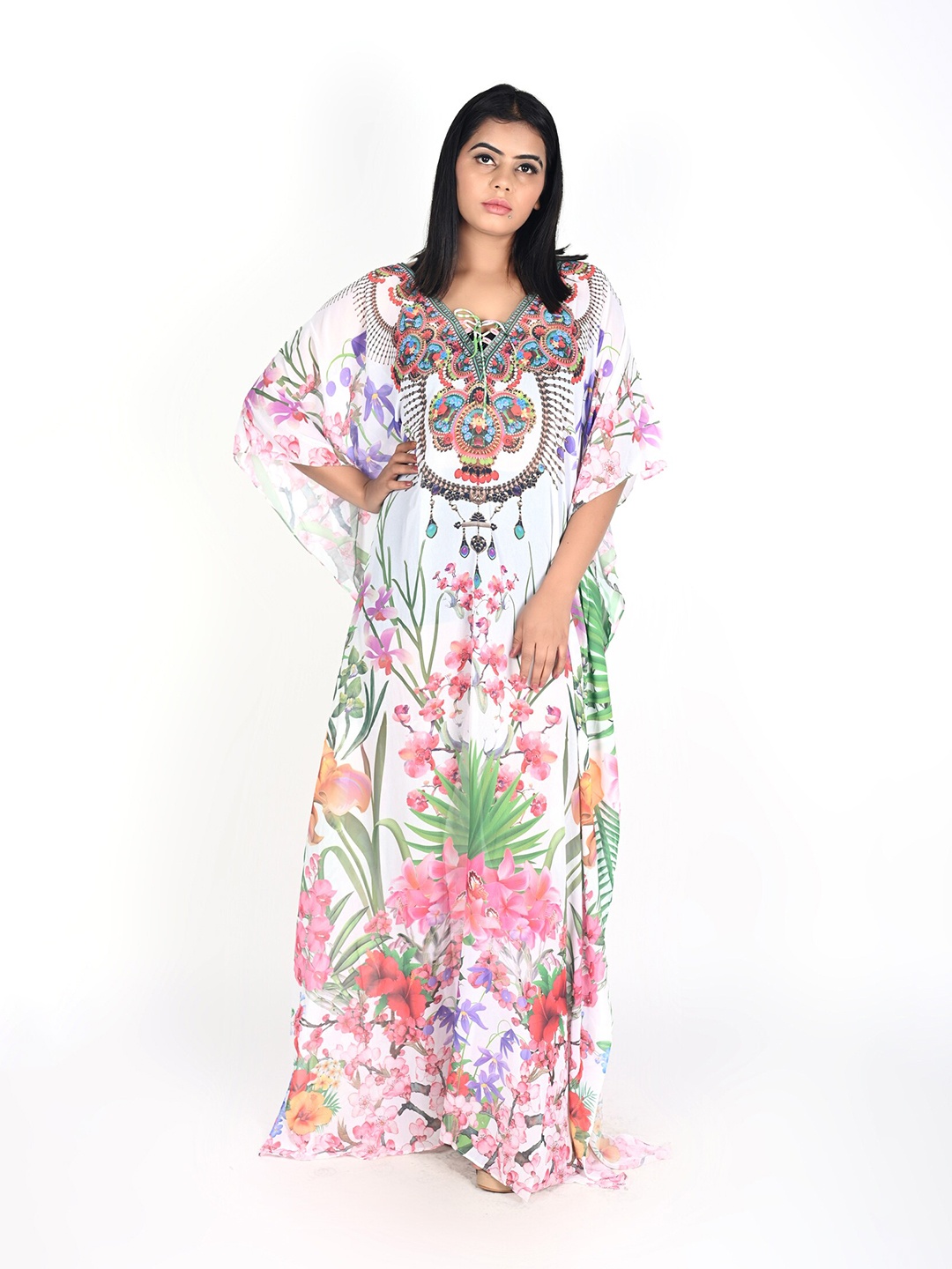 

Rajoria Instyle White Floral Tie-Up Neck Georgette Ethnic Maxi Maxi Dress