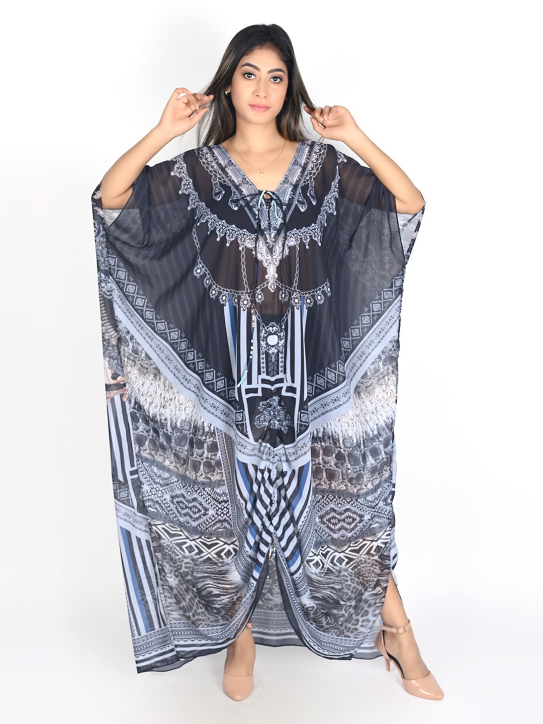 

Rajoria Instyle Navy Blue & White Georgette Ethnic Kaftan Maxi Dress