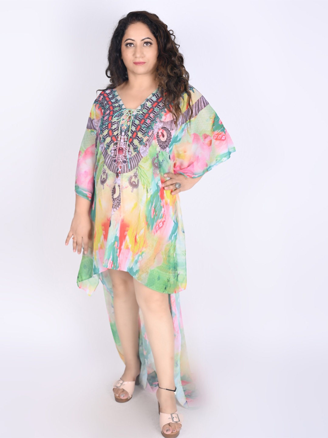 Rajoria Instyle Yellow & Green Ethnic Motifs Georgette Ethnic Kaftan Dress