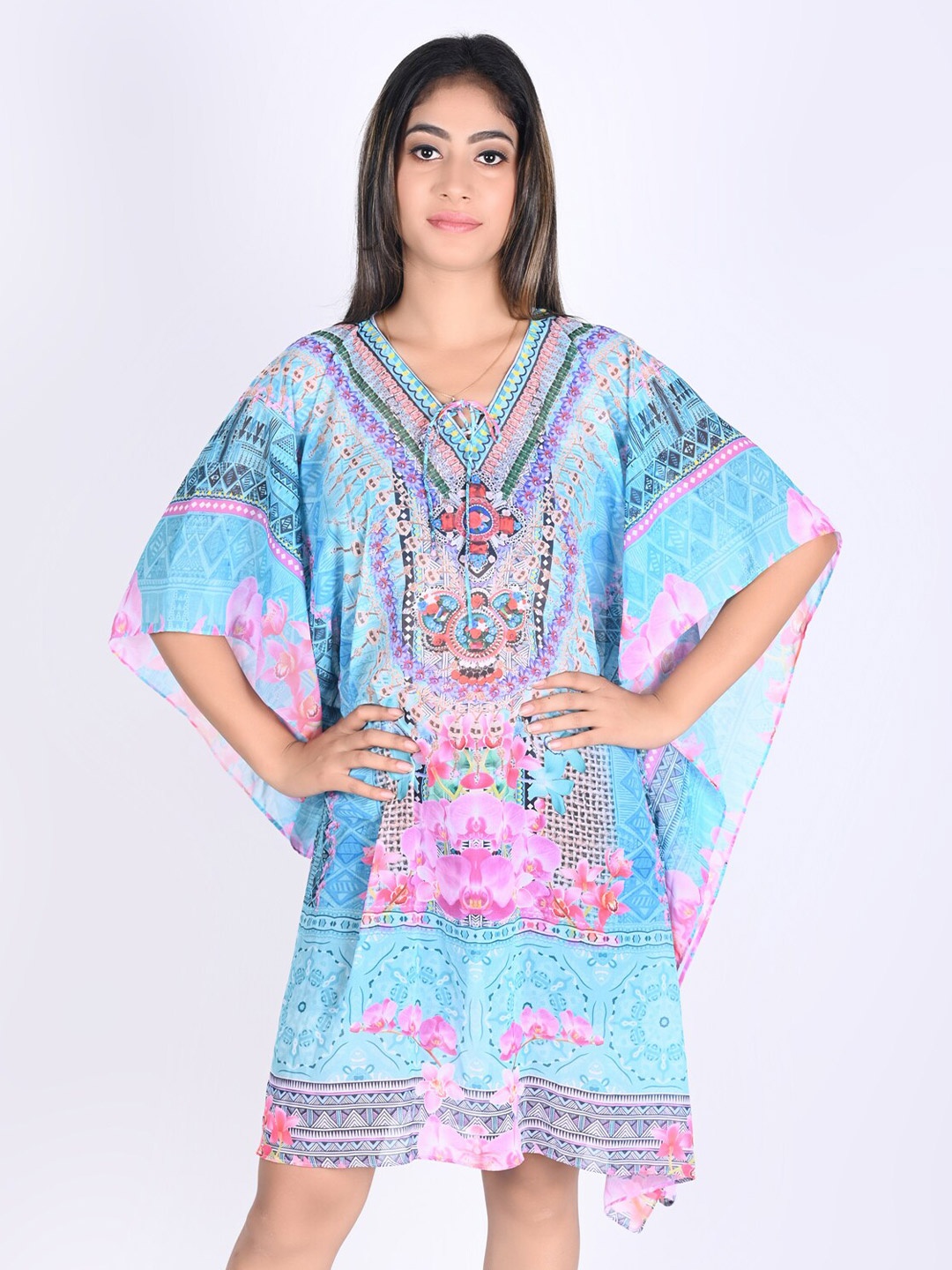 

Rajoria Instyle Blue & Pink Ethnic Motifs Georgette Kaftan Midi Dress