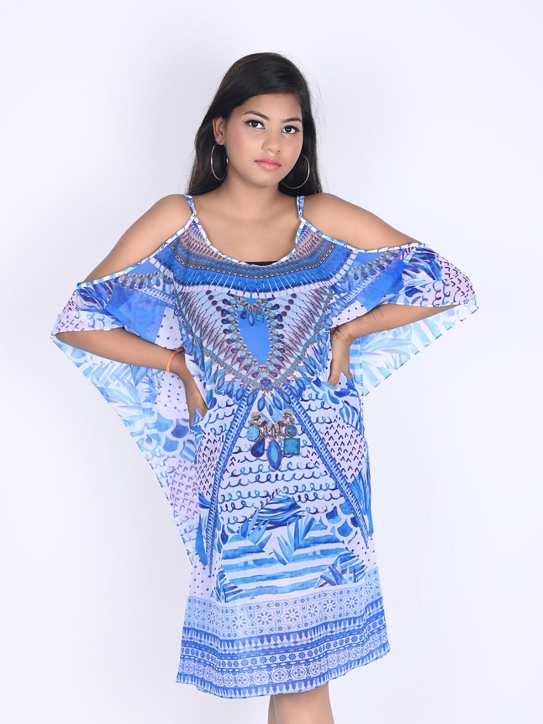 

Rajoria Instyle Blue & White Georgette Ethnic Kaftan Dress
