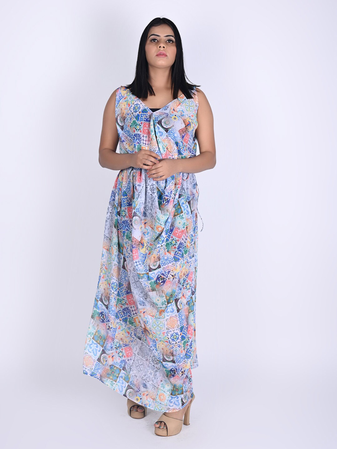 

Rajoria Instyle Blue & Orange Georgette Ethnic Maxi Dress