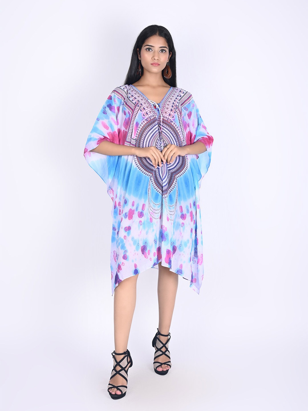 

Rajoria Instyle Multicoloured Georgette Ethnic Kaftan Midi Dress, Multi