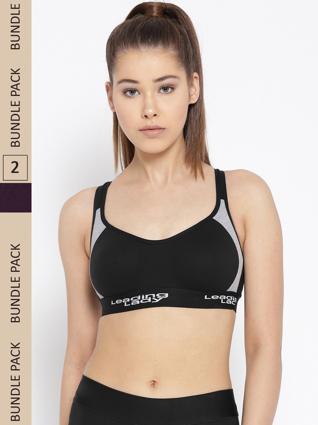 

Leading Lady Pack Of 2 Violet & Black Colourblocked Cotton Sports Bra