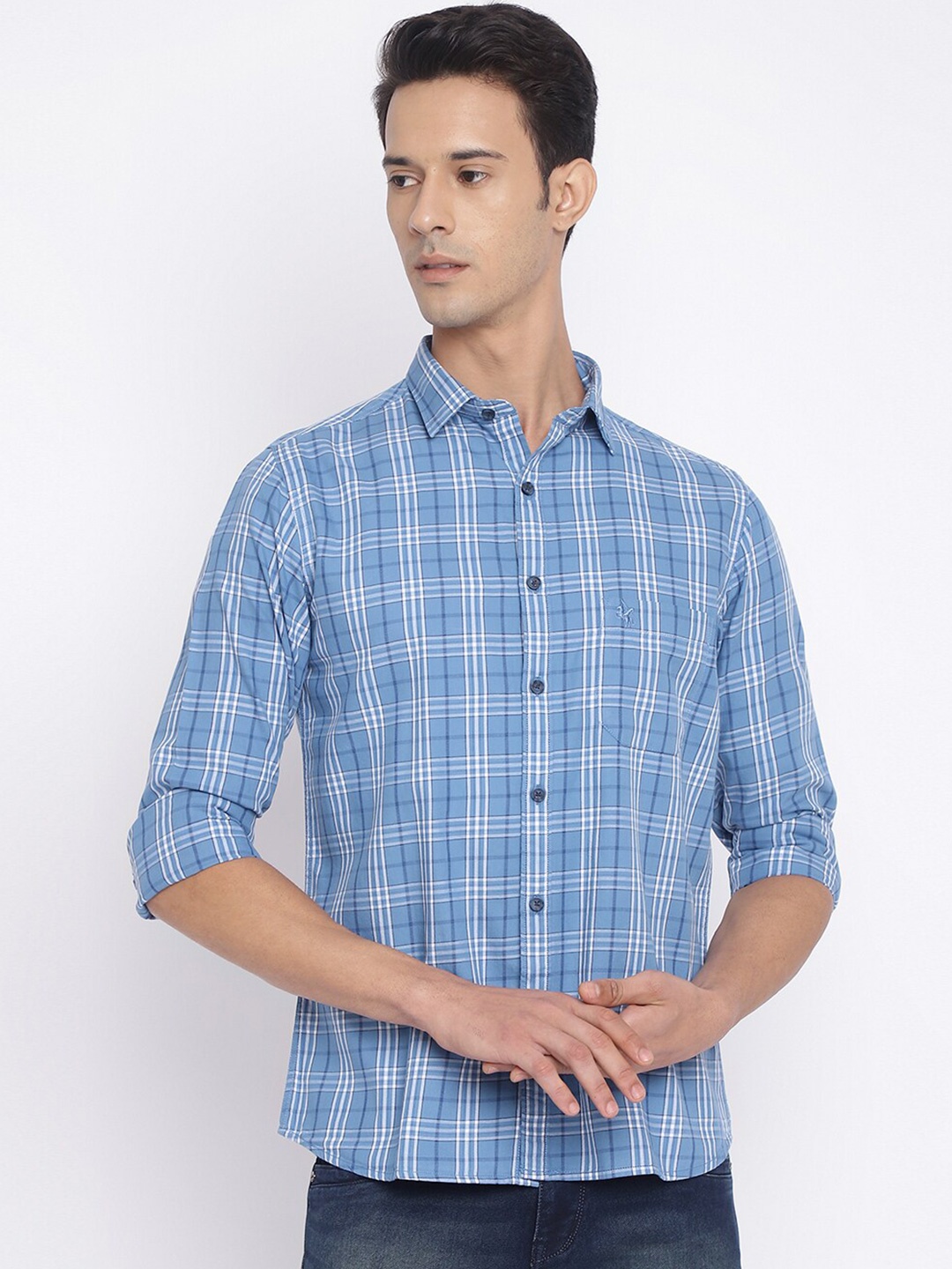 

Cantabil Men Blue Tartan Checked Cotton Casual Shirt