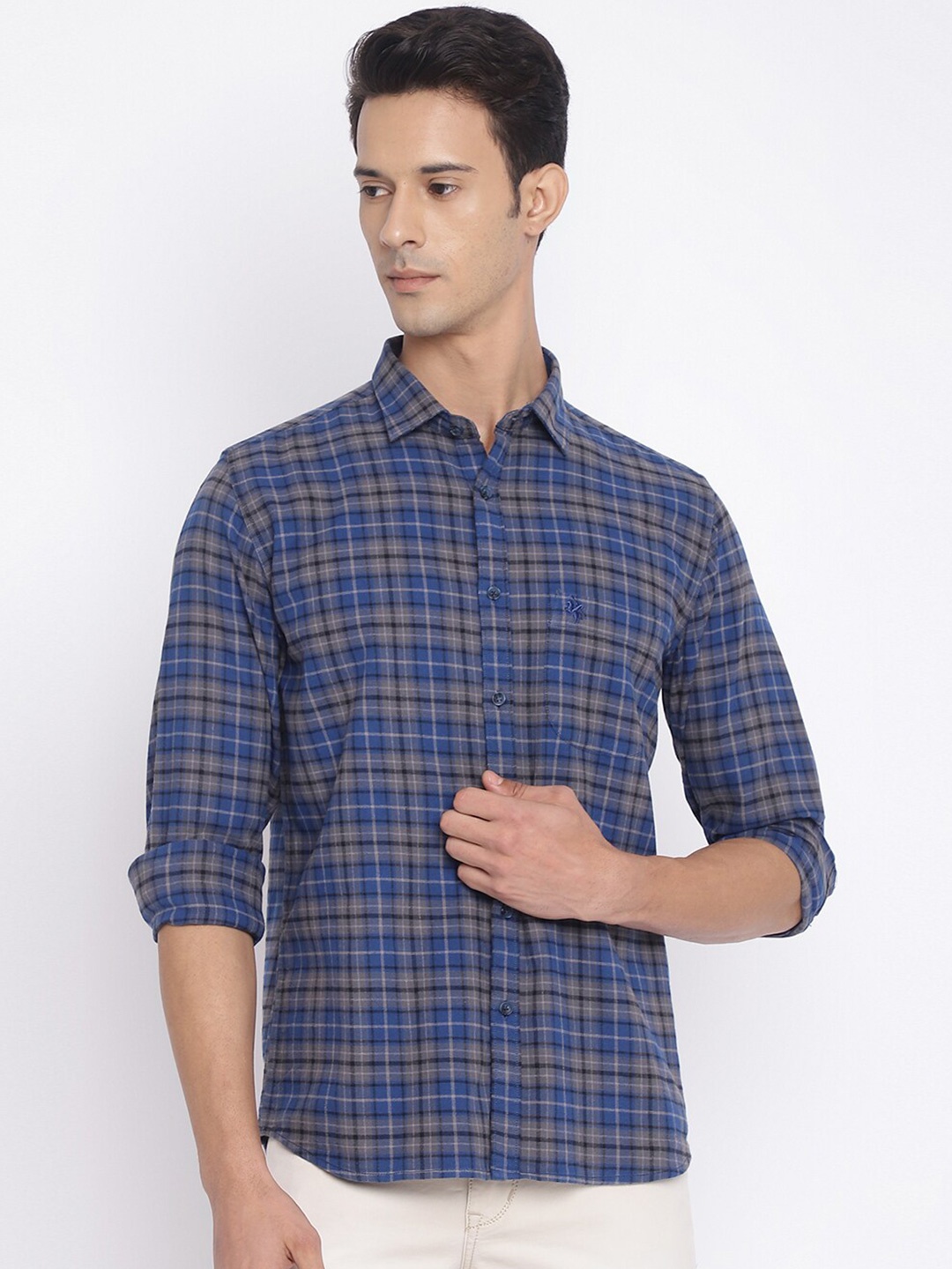 

Cantabil Men Grey Tartan Checked Cotton Casual Shirt